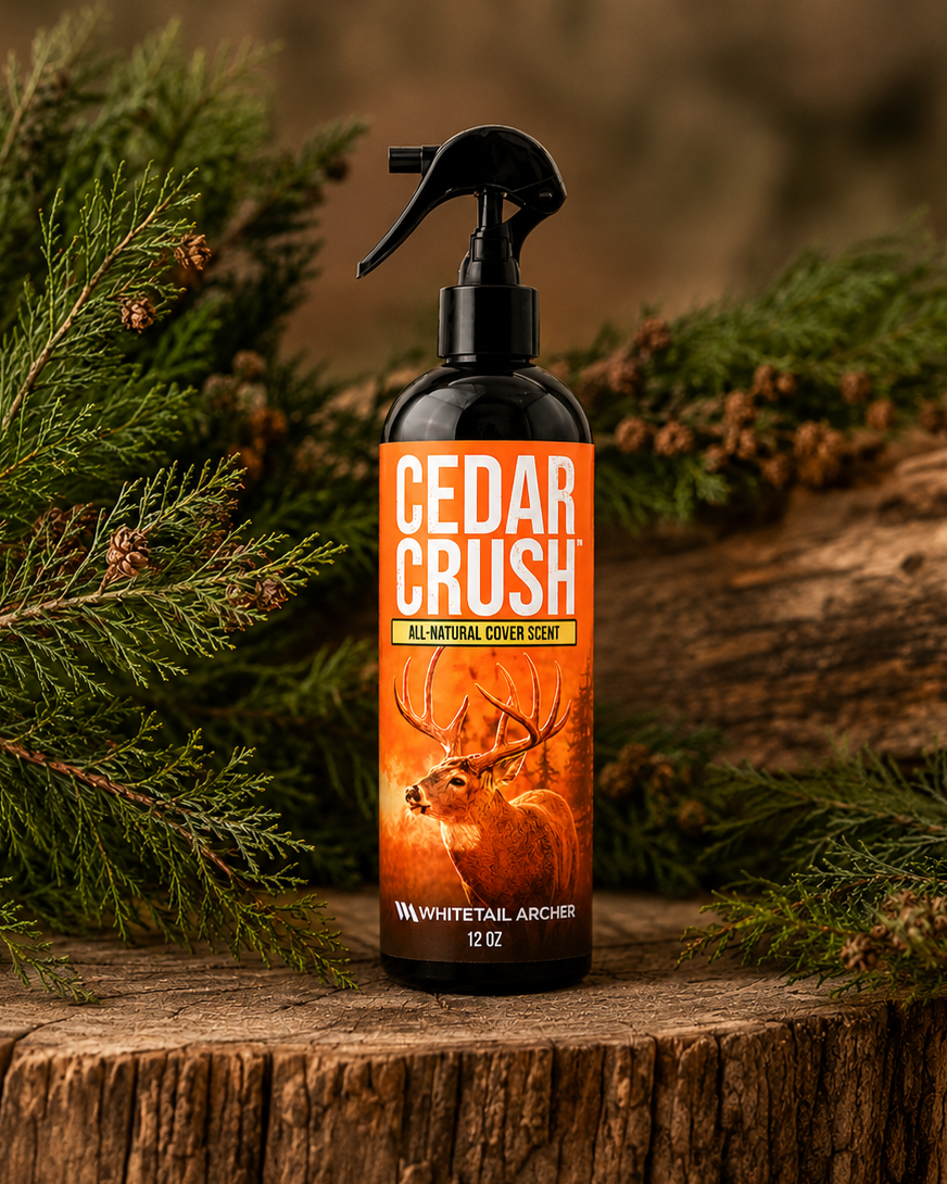 A bottle of Cedar Crush All-Natural Cover Scents Whitetail Archer spray